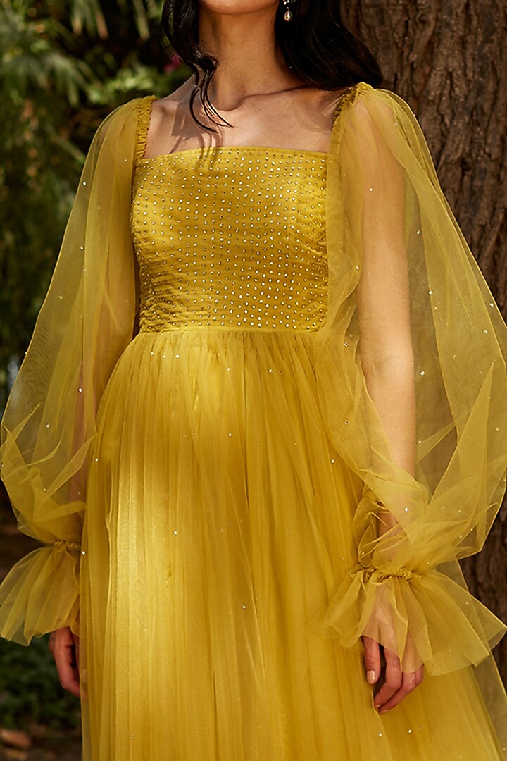 Chartreuse Yellow Hand Embroidered Gown by DANIA SIDDIQUI at Pernia's Pop Up Shop