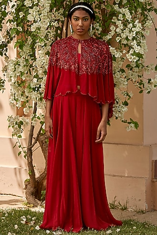 Cadmium Red Hand Embroidered Cape Set by DANIA SIDDIQUI