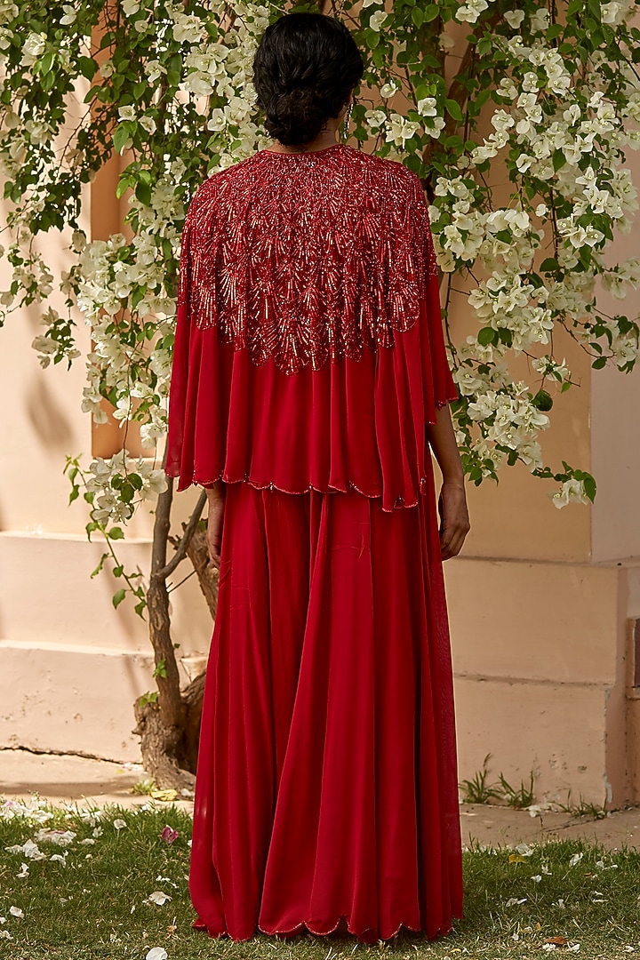 Cadmium Red Hand Embroidered Cape Set by DANIA SIDDIQUI at Pernia's Pop Up Shop