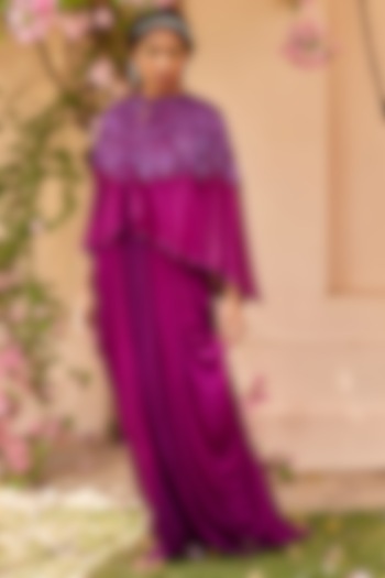 Purple Hand Embroidered Draped Gown With Cape by DANIA SIDDIQUI