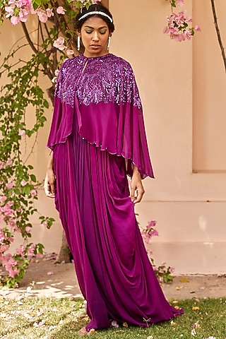 Purple Hand Embroidered Draped Gown With Cape by DANIA SIDDIQUI