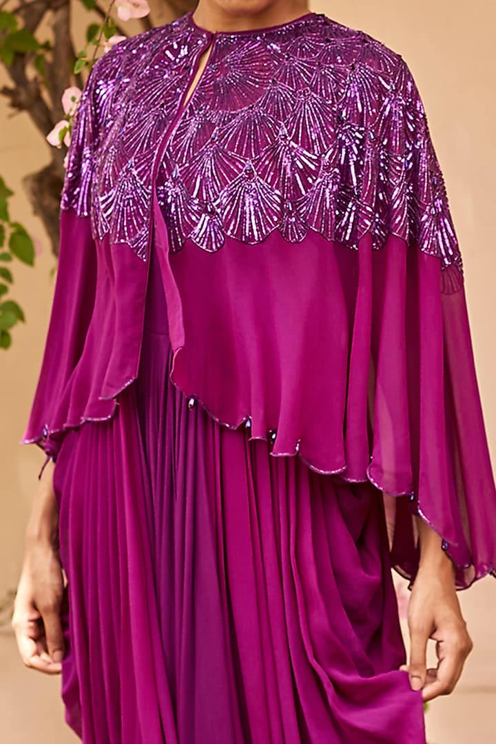 Purple Hand Embroidered Draped Gown With Cape by DANIA SIDDIQUI at Pernia's Pop Up Shop