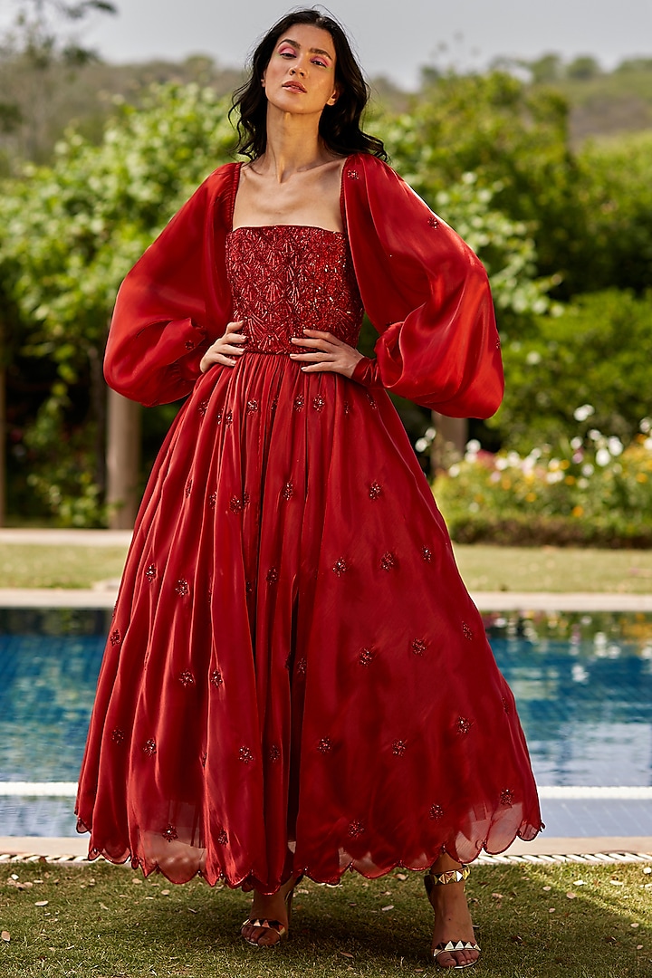 Dark Red Hand Embroidered Gown by DANIA SIDDIQUI