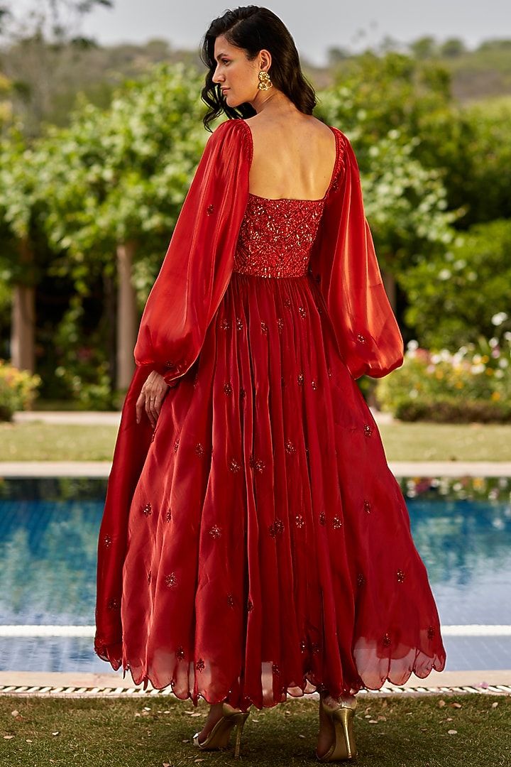 Dark Red Hand Embroidered Gown by DANIA SIDDIQUI at Pernia's Pop Up Shop