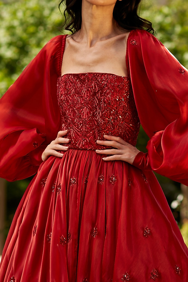 Dark Red Hand Embroidered Gown by DANIA SIDDIQUI at Pernia's Pop Up Shop