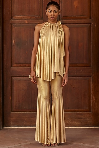 Gold Metallic Lycra Top by DANIA SIDDIQUI