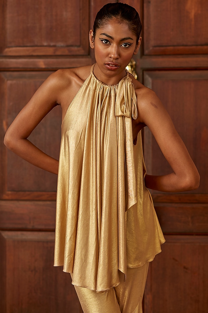 Gold Metallic Lycra Top by DANIA SIDDIQUI at Pernia's Pop Up Shop
