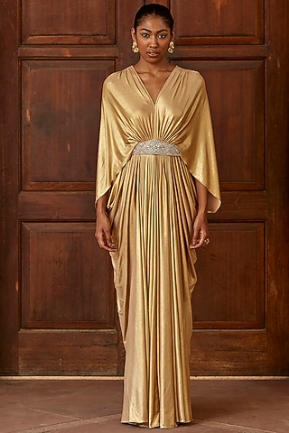 Cream Metallic Lycra Gathered Gown by DANIA SIDDIQUI