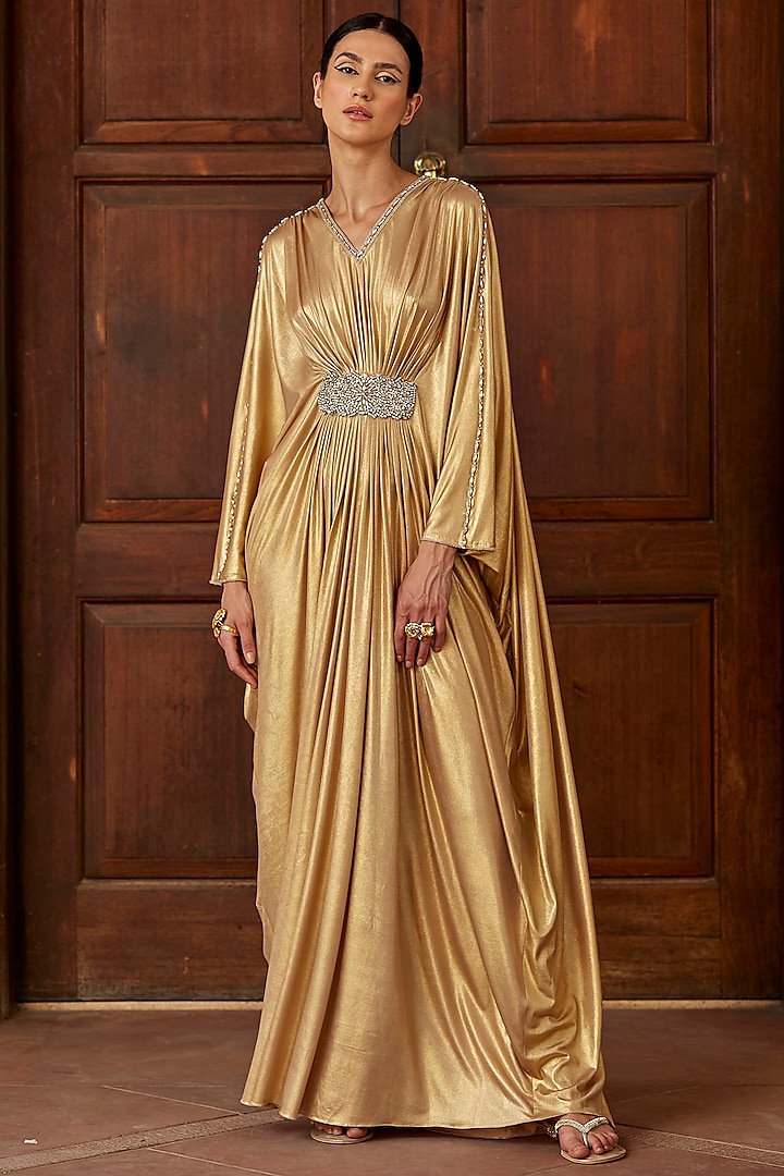 Gold Embellished Kaftan With Belt by DANIA SIDDIQUI