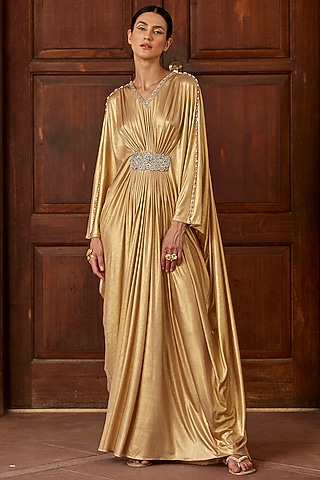 Gold Embellished Kaftan With Belt by DANIA SIDDIQUI