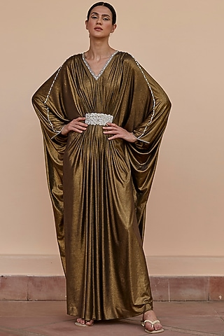 Antique Gold Embellished Kaftan With Belt by DANIA SIDDIQUI