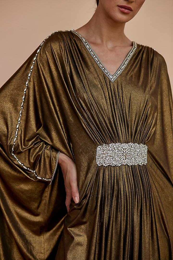 Antique Gold Embellished Kaftan With Belt by DANIA SIDDIQUI at Pernia's Pop Up Shop