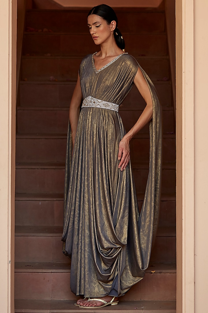 Grey-Gold Metallic Embroidered Gown by DANIA SIDDIQUI