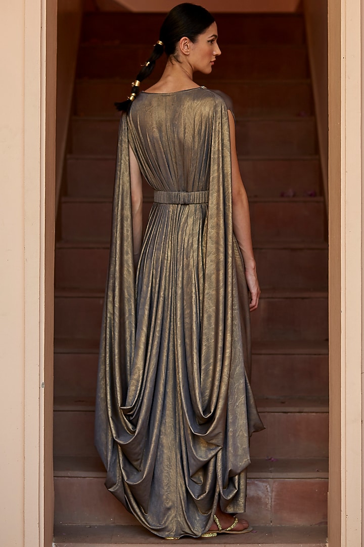 Grey-Gold Metallic Embroidered Engagement Gown by DANIA SIDDIQUI at Pernia's Pop Up Shop