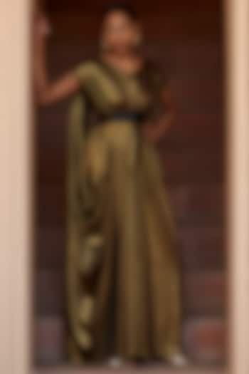 Antique Gold Lycra Draped Gown by DANIA SIDDIQUI