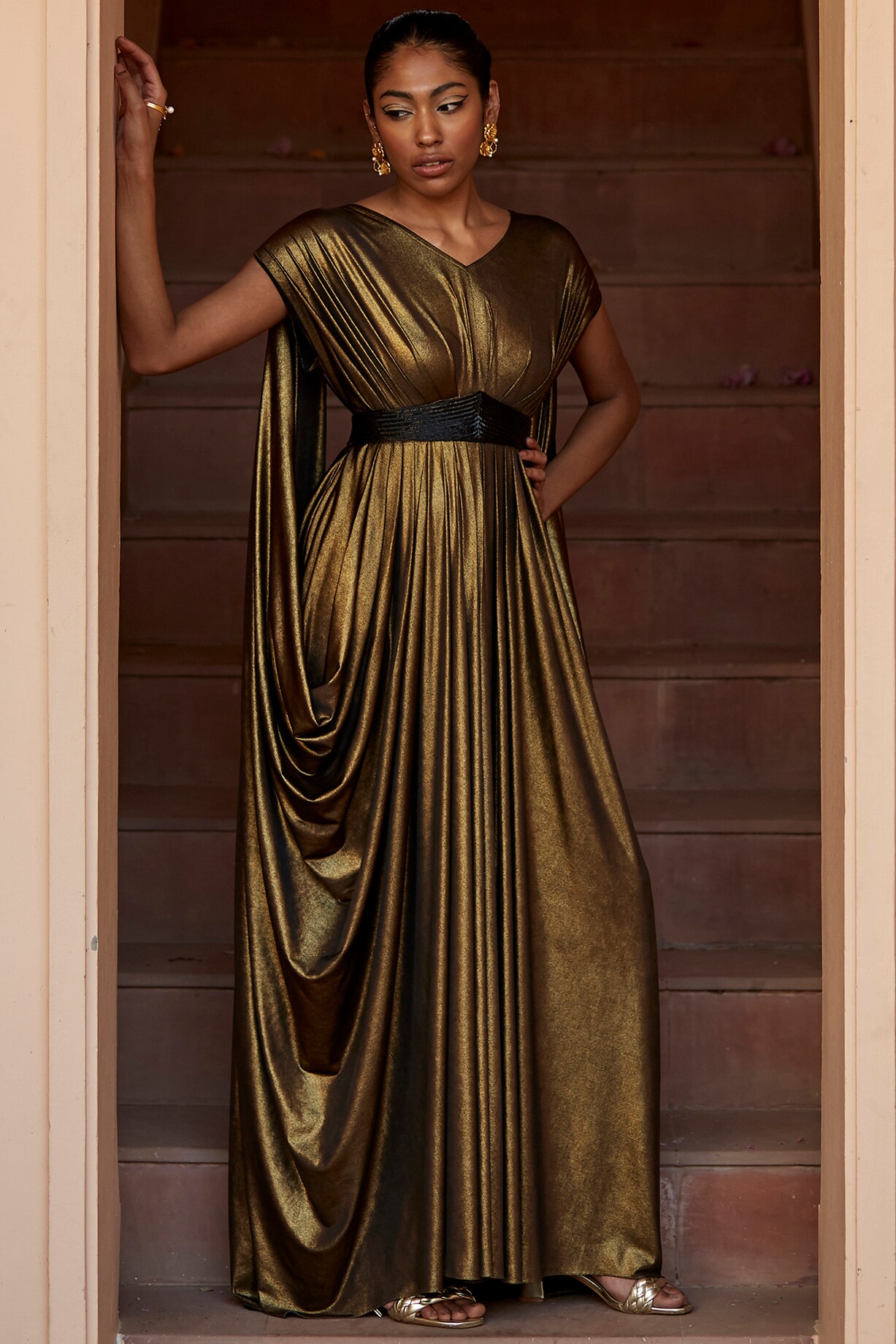 green emerald velvet dress Gold Celestina Draped Maxi Dress