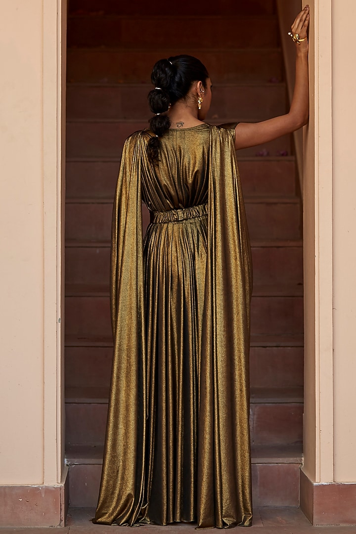 Antique Gold Lycra Draped Engagement Gown by DANIA SIDDIQUI at Pernia's Pop Up Shop