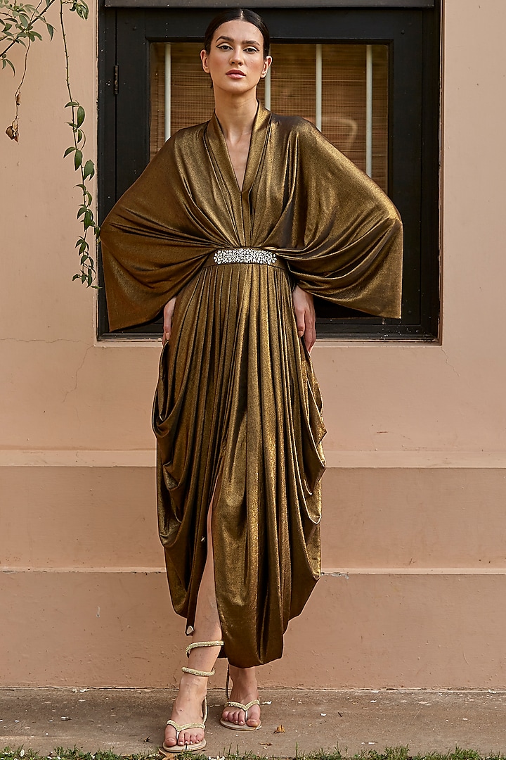 Antique Gold Lycra Dress With Belt by DANIA SIDDIQUI