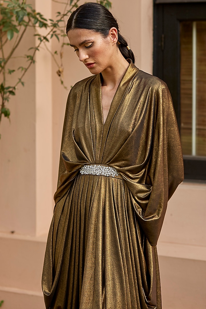 Antique Gold Lycra Vacation Dress With Belt by DANIA SIDDIQUI at Pernia's  Pop Up Shop