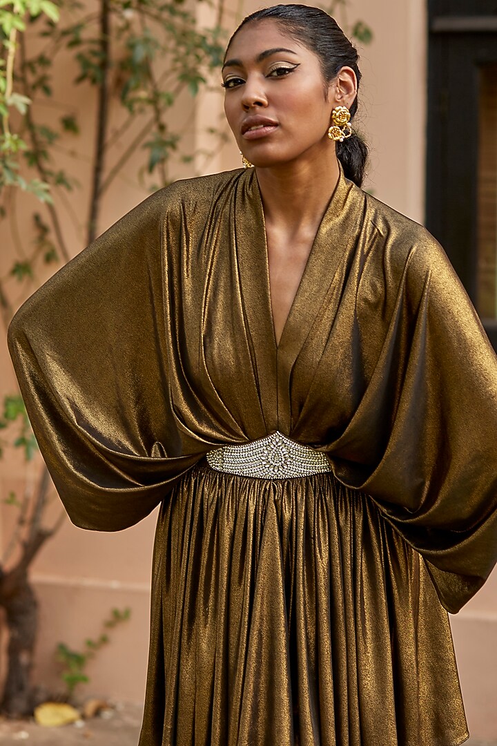 Antique Gold Lycra Mini Summer Dress by DANIA SIDDIQUI at Pernia's Pop Up Shop
