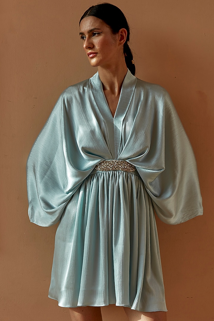 Powder Blue Satin Mini Summer Dress by DANIA SIDDIQUI at Pernia's Pop Up Shop