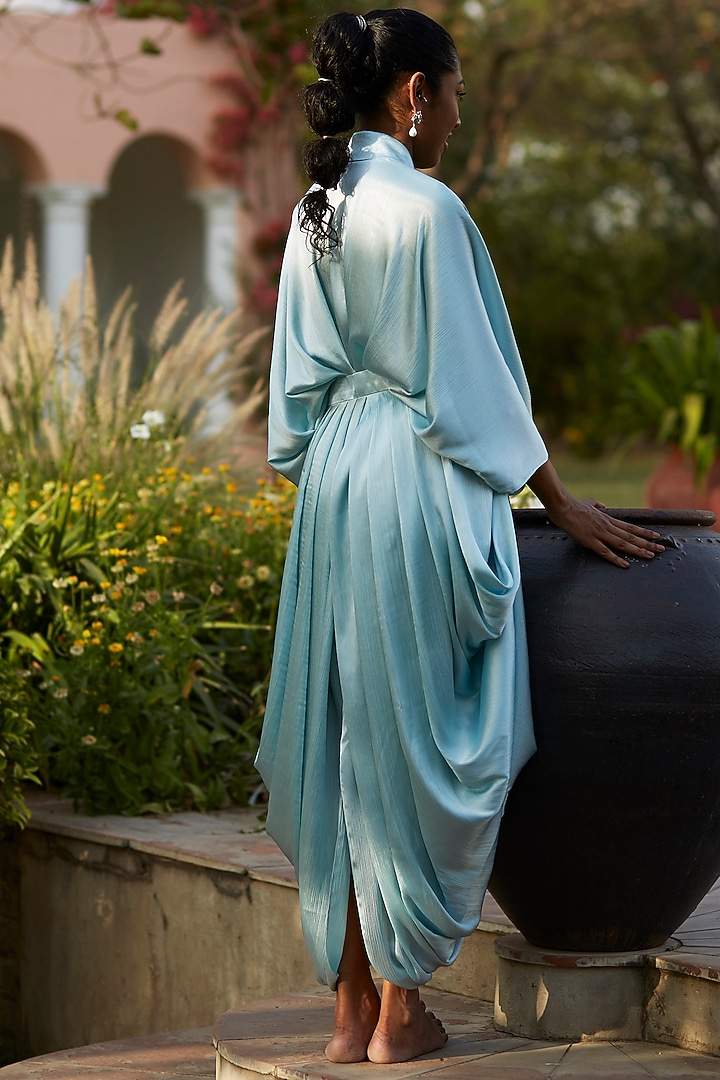 Powder Blue Satin Vacation Dress With Belt by DANIA SIDDIQUI at Pernia's Pop Up Shop
