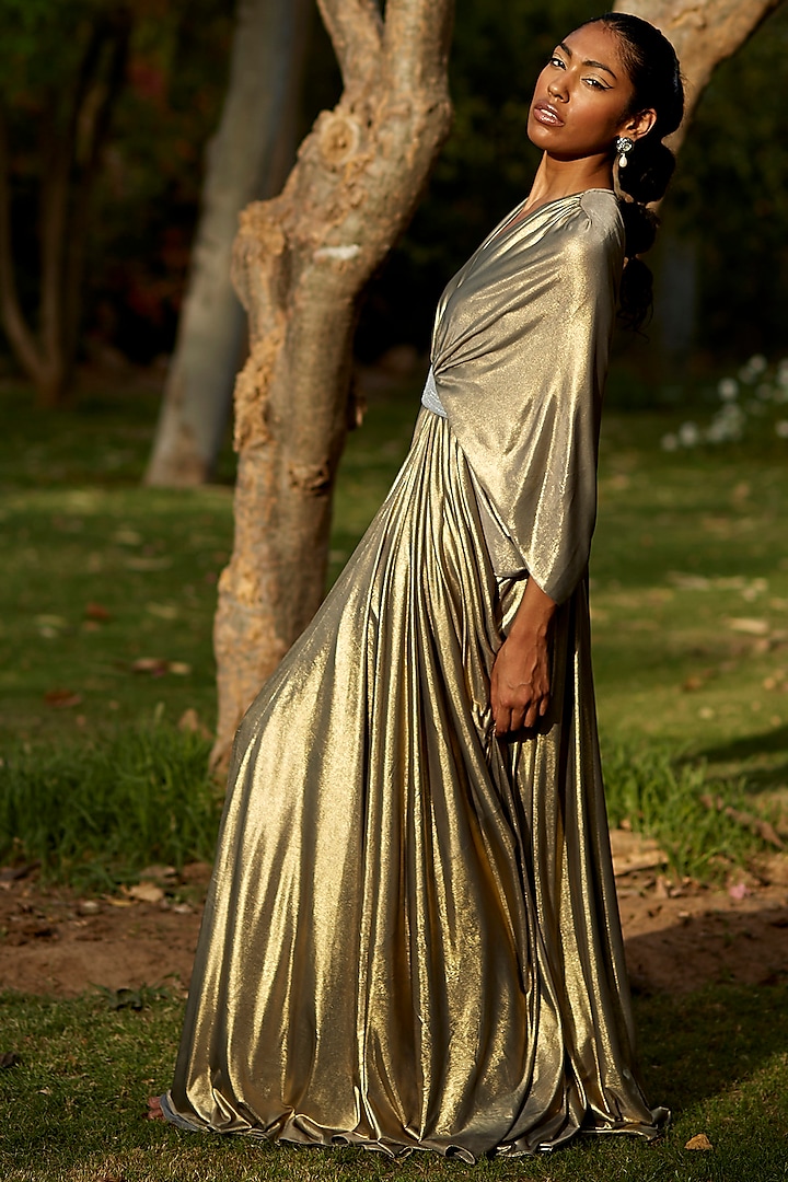 Grey & Gold Lycra Gown by DANIA SIDDIQUI