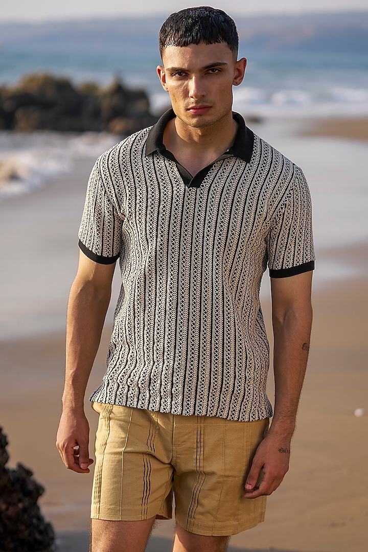 White Cotton Jacquard Polo T-Shirt by Dash and Dot Men