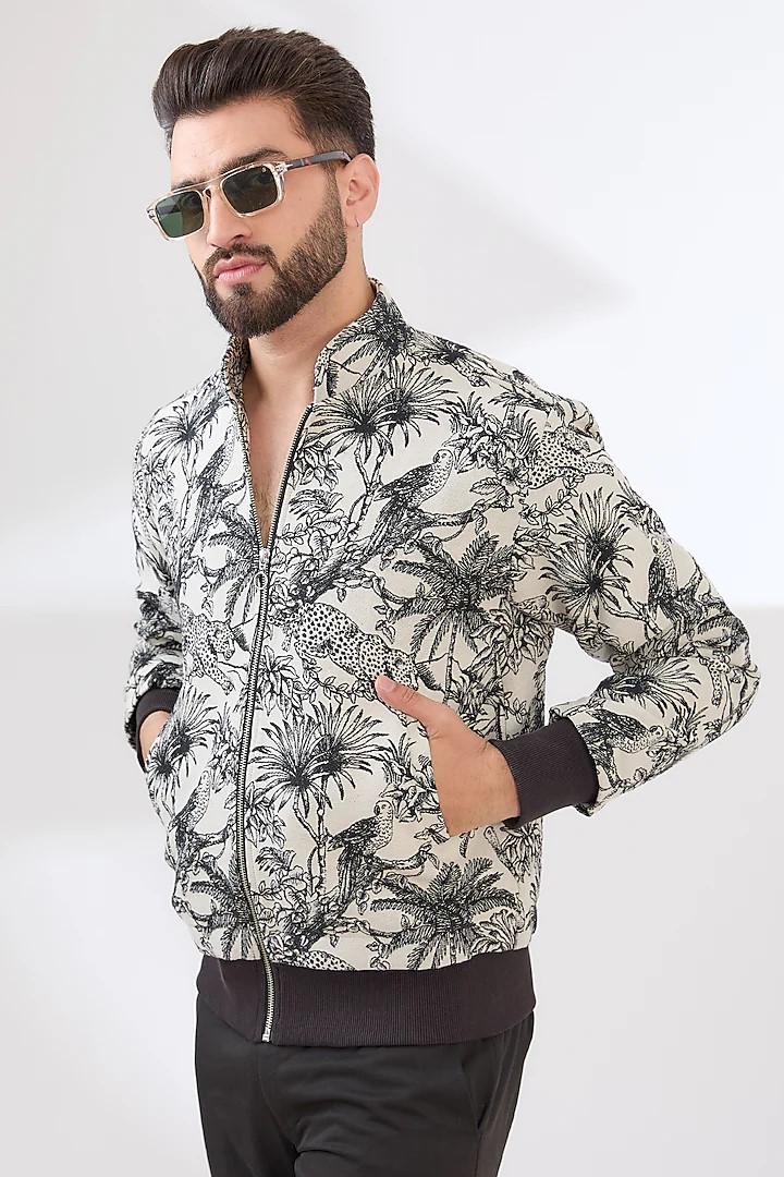 Ivory Jacquard Floral Embroidered Bomber Jacket by Dash and Dot Men at Pernia s Pop Up Shop 2024