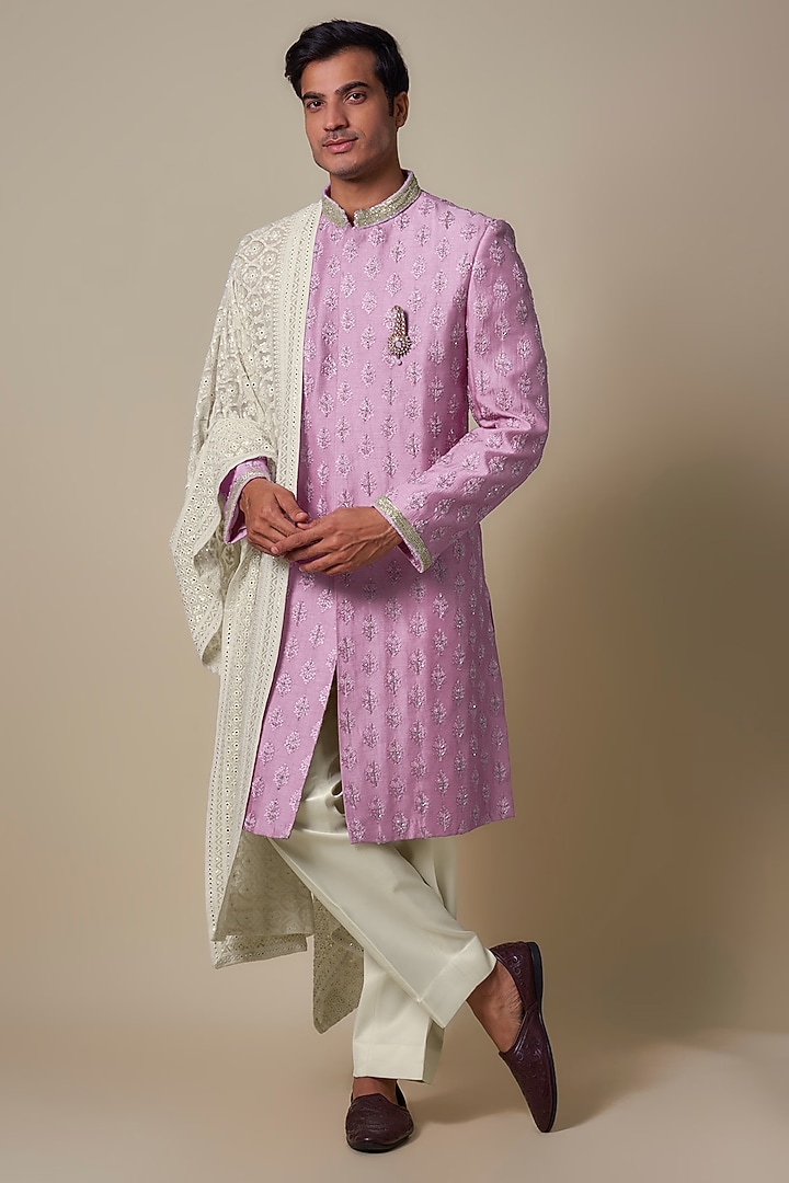 Lavender Mysore Silk Thread & Cutdana Embroidered Sherwani Set by Dapper & Dare