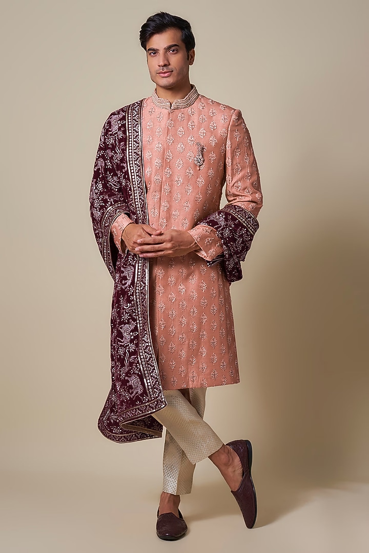 Rust Orange Mysore Silk Cutdana Embroidered Sherwani Set by Dapper & Dare