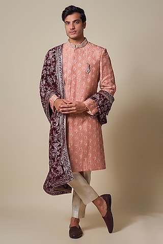 Rust Orange Mysore Silk Cutdana Embroidered Sherwani Set by Dapper & Dare