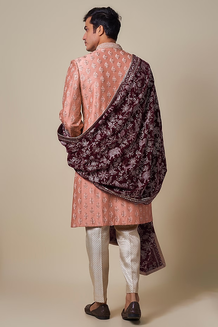 Rust Orange Mysore Silk Cutdana Embroidered Groom Sherwani Set by Dapper & Dare at Pernia's Pop Up Shop