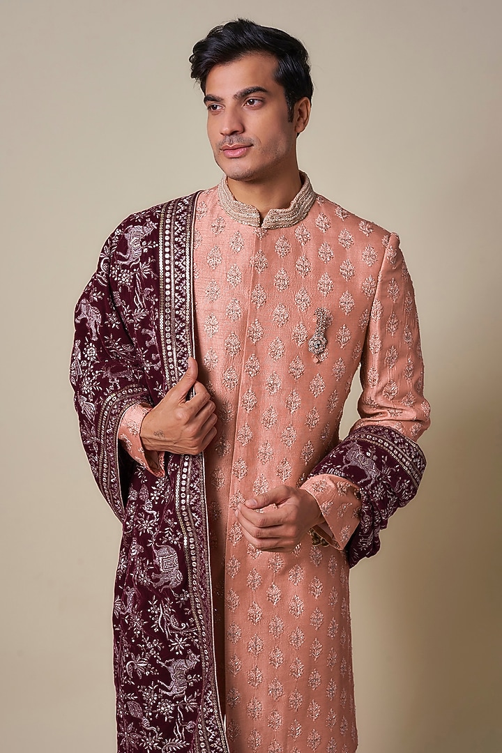 Rust Orange Mysore Silk Cutdana Embroidered Groom Sherwani Set by Dapper & Dare at Pernia's Pop Up Shop