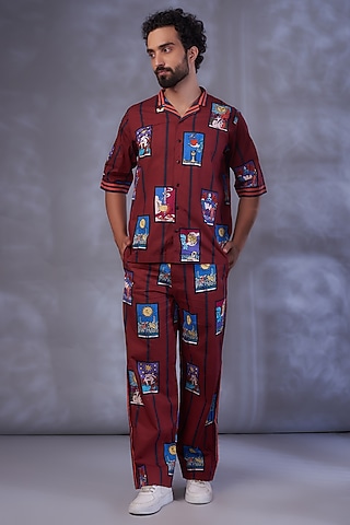 Maroon Cotton Satin Digital Printed Co-ord Set by DARK HOUR