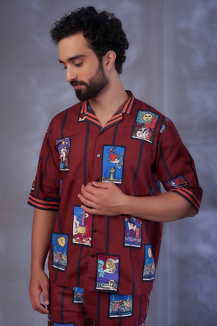 Maroon Cotton Satin Digital Printed Co-ord Set by DARK HOUR at Pernia's Pop Up Shop