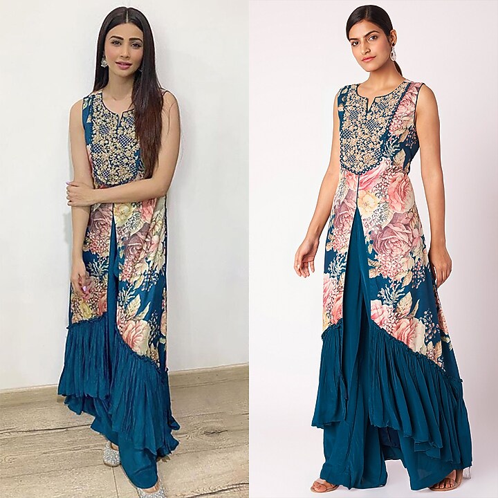 Navy Blue Embroidered & Printed Tunic With Palazzo Pants by Aayushi Maniar at Pernia's Pop Up Shop