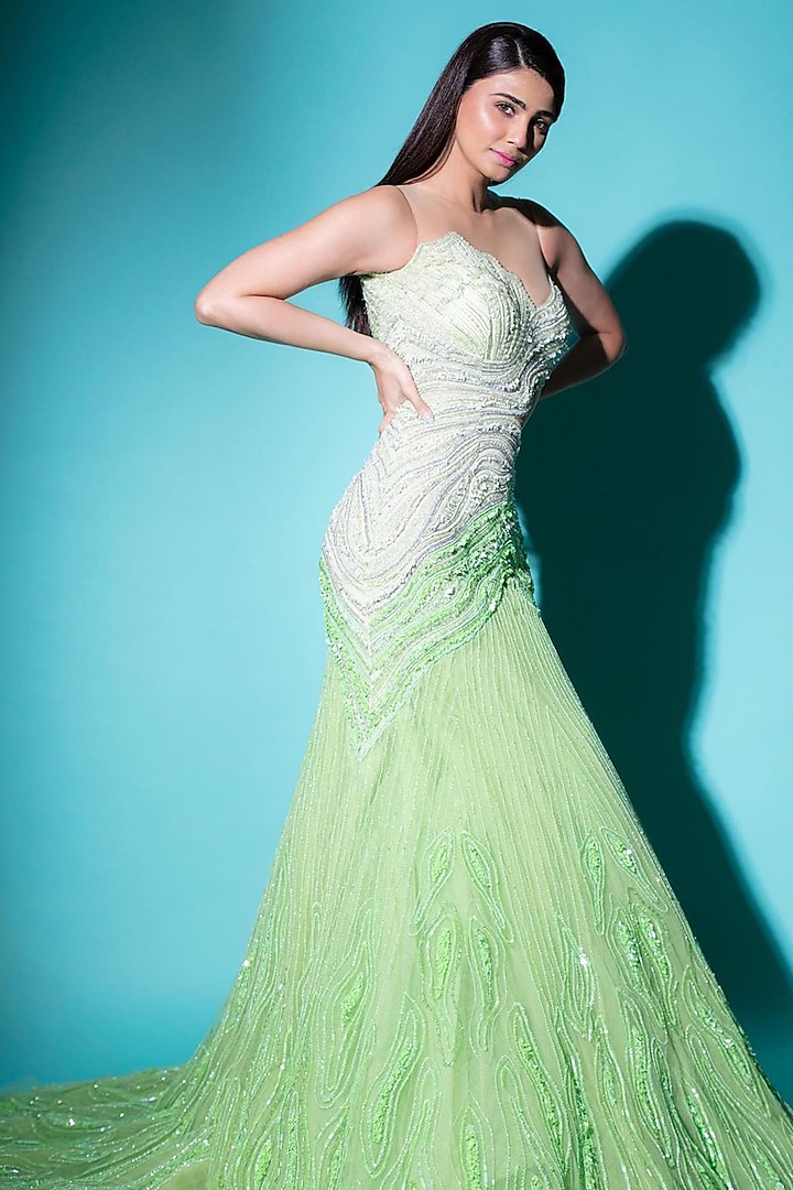 Mint Green Hand Embroidered Ombre Gown by Bhawna Rao