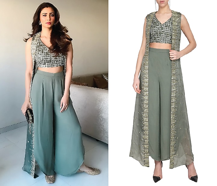 Green embroidered crop top with pants and cape by Sanya Gulati at Pernia's Pop Up Shop