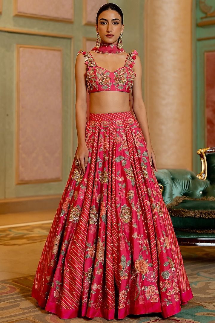 Pink Chiniya Silk Floral Printed & Hand Embroidered Wedding Lehenga Set by Paulmi & Harsh at Pernia's Pop Up Shop