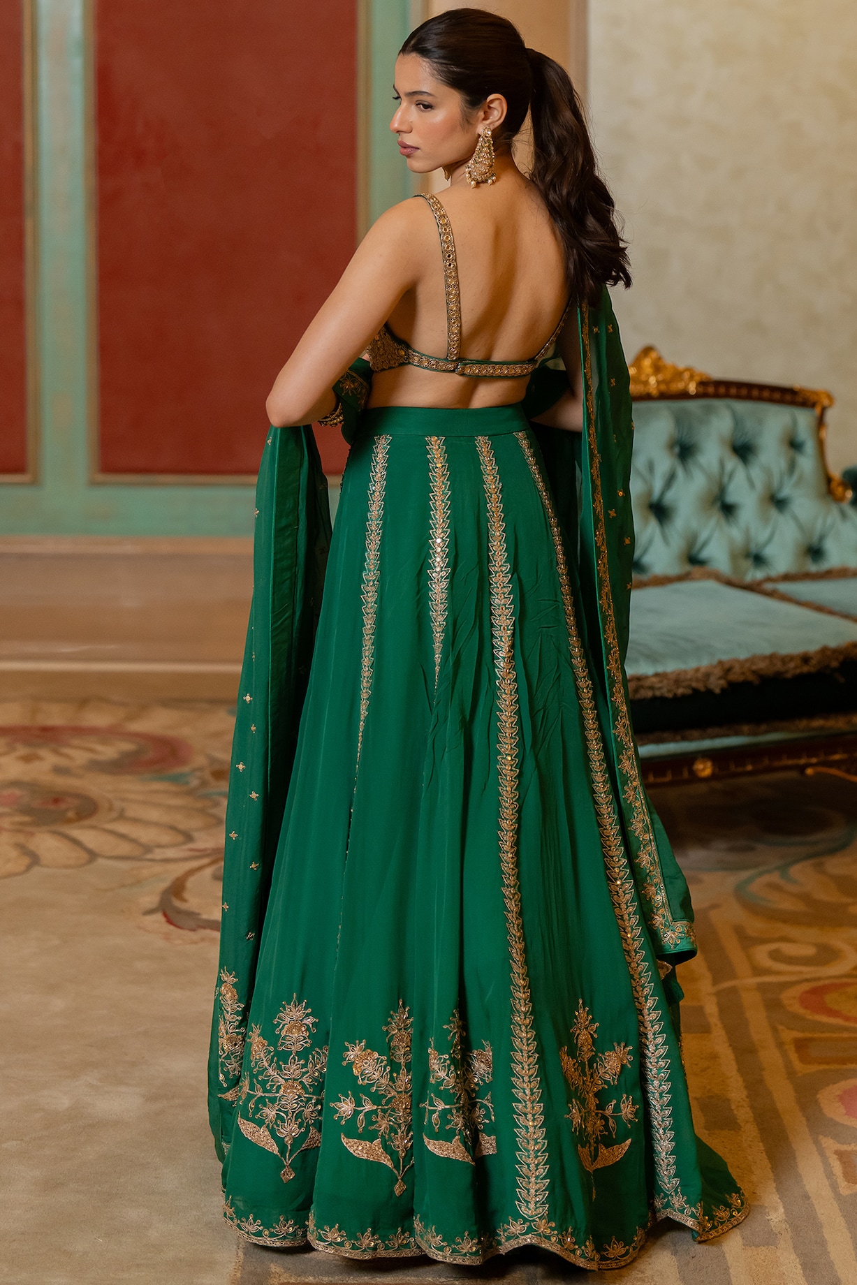 green emerald velvet dress Dark Green Embroidered Lehenga main image 1