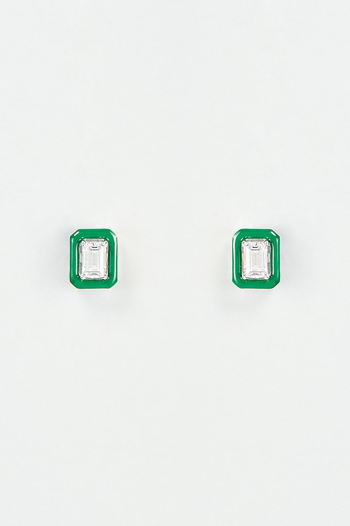White Finish Green Swarovski Zirconia Stud Earrings In 92.5 Sterling Silver by Diosa Paris Silver Jewellery at Pernia's Pop Up Shop