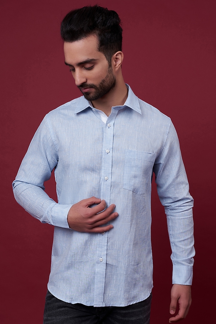 Sky Blue Linen Shirt Design by DAMERRANO at Pernia's Pop Up Shop 2023