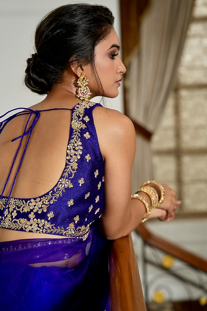 Indigo Blue Pure Silk Organza Aari Hand Embroidered Wedding Saree Set by Gul by Aishwarya at Pernia's Pop Up Shop
