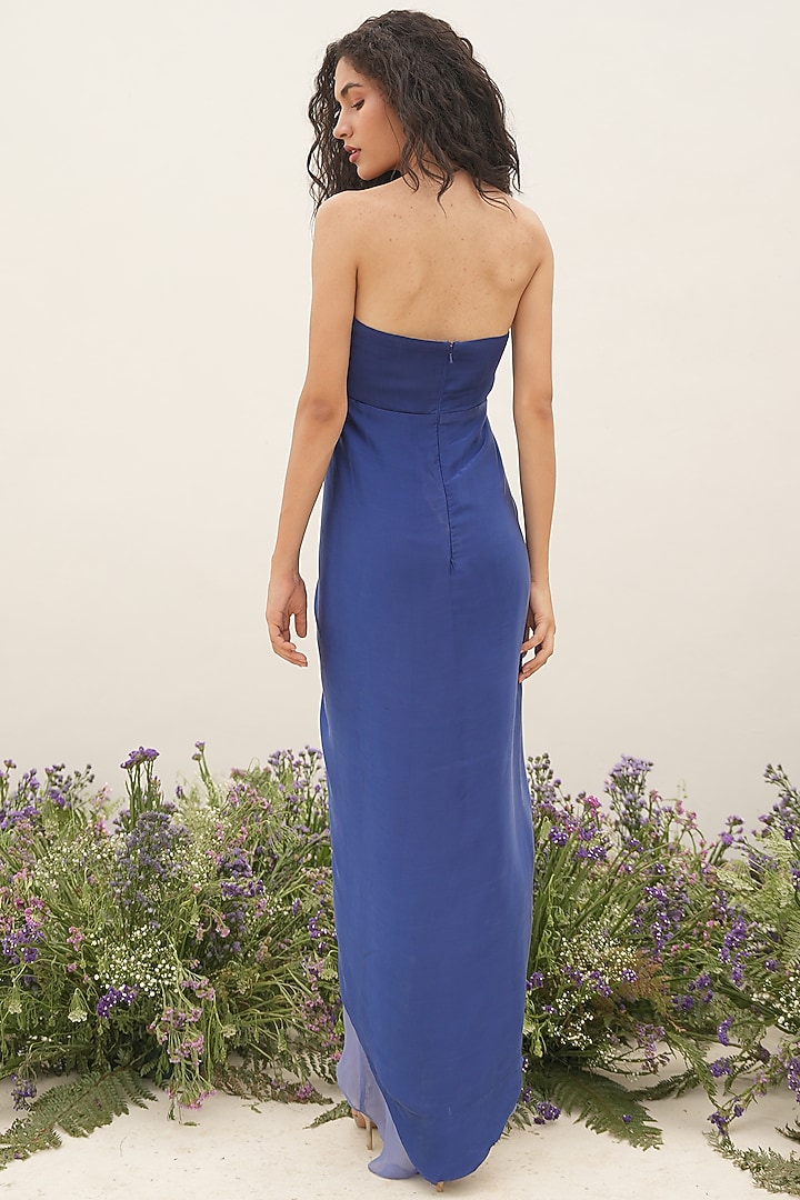 Electric Blue Satin & Georgette Asymmetric Vacation Dress by AMRTA By Guneet Kondal at Pernia's Pop Up Shop