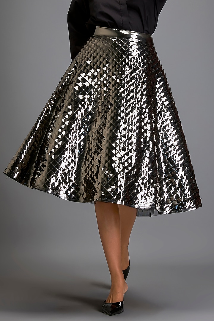 Black Vegan Leather Metallic Textured A-Line Skirt by Deepika Arora at Pernia's Pop Up Shop
