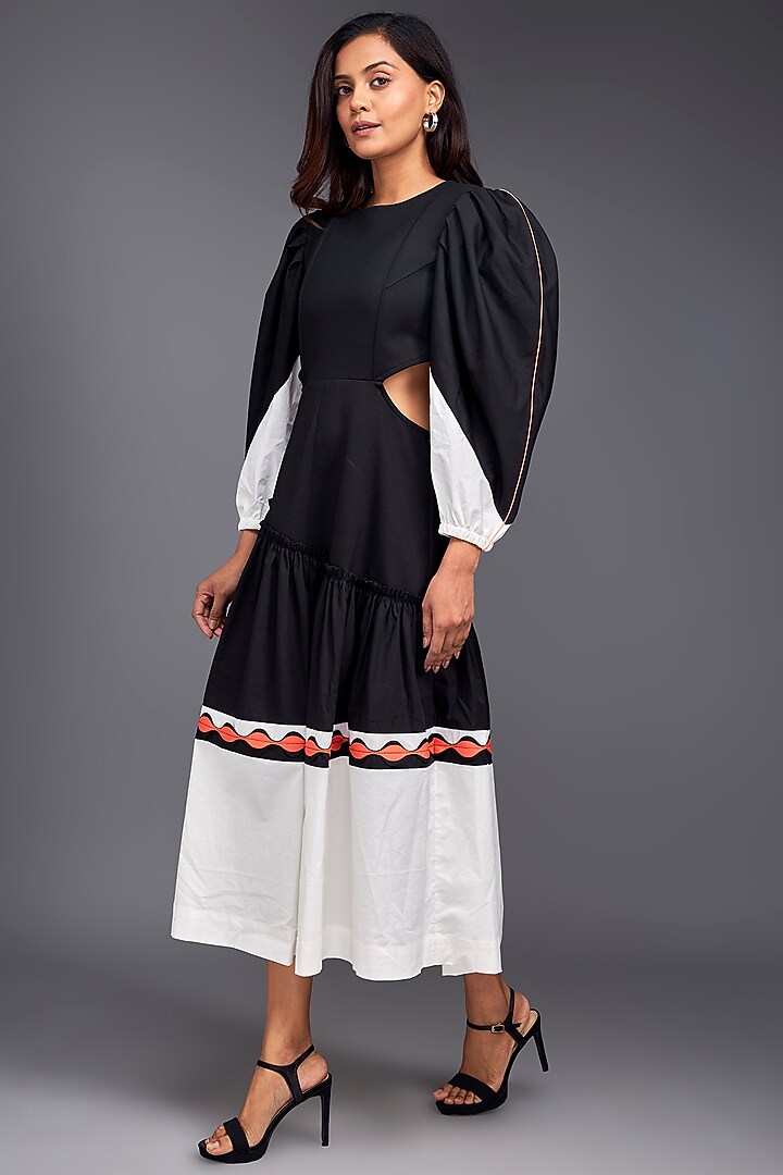 Black & White Cotton Color-Block Midi Summer Dress by Deepika Arora at Pernia's Pop Up Shop