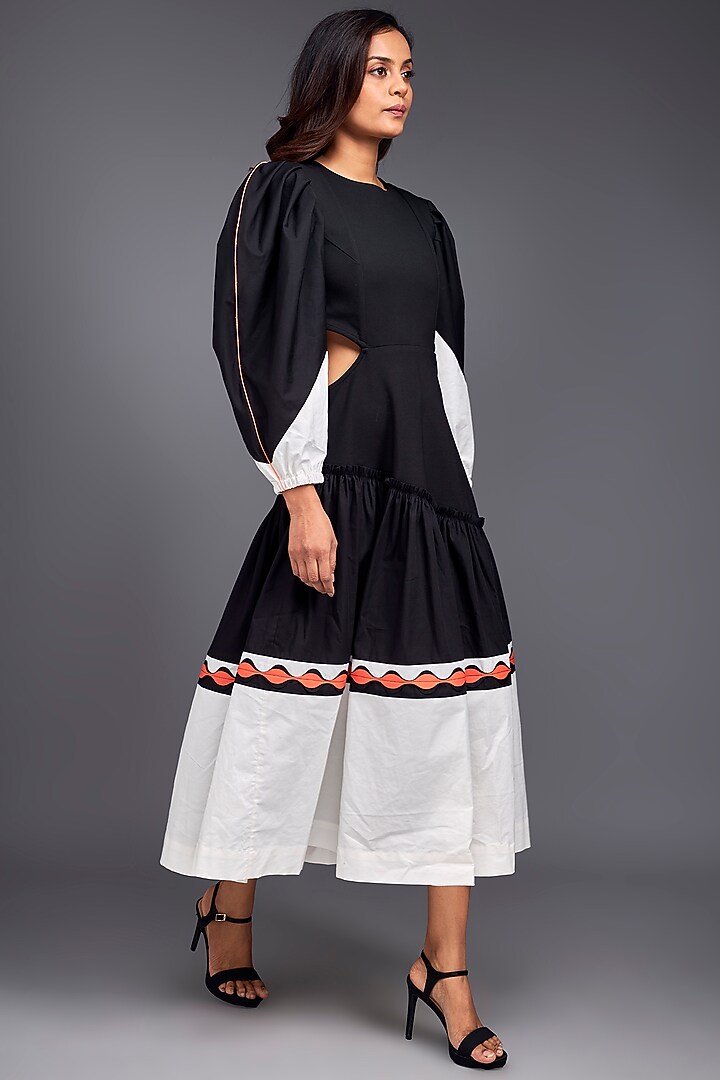 Black & White Cotton Color-Block Midi Summer Dress by Deepika Arora at Pernia's Pop Up Shop