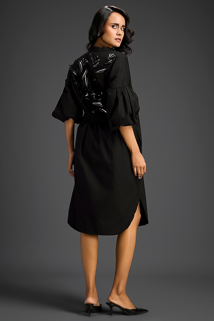 Black Cotton 3D Floral Embellished Shirt Summer Dress by Deepika Arora at Pernia's Pop Up Shop