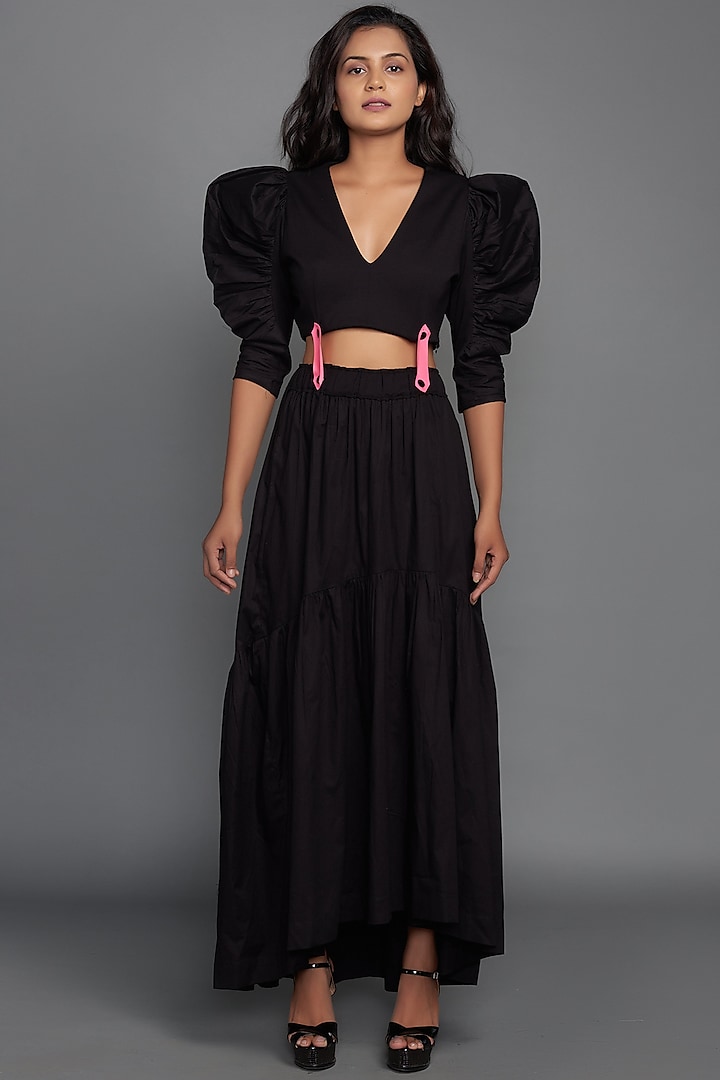 Black Tiered Maxi Skirt Set by Deepika Arora